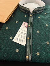 Bottle Green Men Kurta Pajama Set with Weave Work | Raw Silk Designer Men Ethnic Wear| Gift for Him | Wedding Wear | Green Kurta for Men - Kaash