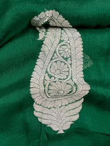 Silk Mark Certified Bottle Green Pure Chiffon Silk saree in pure chiffon silk with silver zari ambi (paisley) work — Kaash Collection