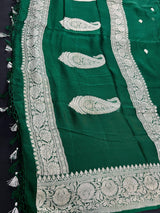 Silk Mark Certified Bottle Green Pure Chiffon Silk saree in pure chiffon silk with silver zari ambi (paisley) work — Kaash Collection
