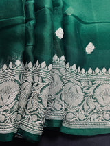 Silk Mark Certified Bottle Green Pure Chiffon Silk saree in pure chiffon silk with silver zari ambi (paisley) work — Kaash Collection