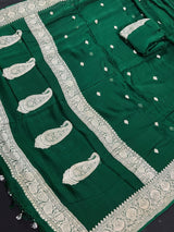 Silk Mark Certified Bottle Green Pure Chiffon Silk saree in pure chiffon silk with silver zari ambi (paisley) work — Kaash Collection