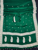 Bottle Green Pure Chiffon Silk Saree with Sliver Zari Work | Ambi Style Butta on the Border | Party Wear Sarees | SILK MARK CERTIFIED - Kaash