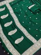 Bottle Green Pure Chiffon Silk Saree with Sliver Zari Work | Ambi Style Butta on the Border | Party Wear Sarees | SILK MARK CERTIFIED - Kaash