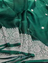 Bottle Green Pure Chiffon Silk Saree with Sliver Zari Work | Ambi Style Butta on the Border | Party Wear Sarees | SILK MARK CERTIFIED - Kaash