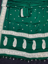 Bottle Green Pure Chiffon Silk Saree with Sliver Zari Work | Ambi Style Butta on the Border | Party Wear Sarees | SILK MARK CERTIFIED - Kaash