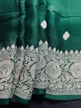 Bottle Green Pure Chiffon Silk Saree with Sliver Zari Work | Ambi Style Butta on the Border | Party Wear Sarees | SILK MARK CERTIFIED - Kaash
