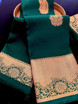 Bottle Green Pure Kanjivaram Silk Saree with Copper Zari Weave Handwoven | Kanchipuram Pure Silk Sarees | SILK MARK CERTIFIED - Kaash