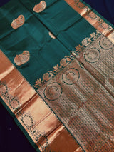 Bottle Green Pure Kanjivaram Silk Saree with Copper Zari Weave Handwoven | Kanchipuram Pure Silk Sarees | SILK MARK CERTIFIED - Kaash