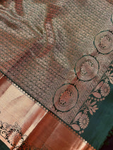 Bottle Green Pure Kanjivaram Silk Saree with Copper Zari Weave Handwoven | Kanchipuram Pure Silk Sarees | SILK MARK CERTIFIED - Kaash