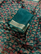 Bottle Green Cotton Silk Kantha-Inspired Print saree in soft cotton silk with kantha-inspired floral print — Kaash Collection