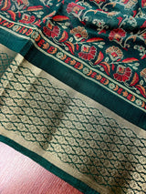 Bottle Green Cotton Silk Kantha-Inspired Print saree in soft cotton silk with kantha-inspired floral print — Kaash Collection