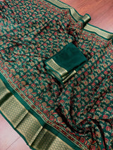 Bottle Green Cotton Silk Kantha-Inspired Print saree in soft cotton silk with kantha-inspired floral print — Kaash Collection