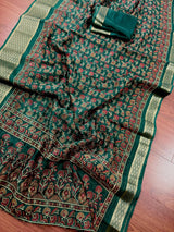 Bottle Green Cotton Silk Kantha-Inspired Print saree in soft cotton silk with kantha-inspired floral print — Kaash Collection