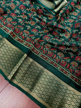Bottle Green Cotton Silk Kantha-Inspired Print saree in soft cotton silk with kantha-inspired floral print — Kaash Collection