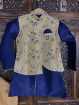 Blue & Gold Boys 3pcs Floral Jacket 3-piece kurta pajama set for boys with floral jacket 3pc set — Kaash Collection