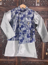 Silver Blue Boys 3pcs Floral Jacket 3-piece kurta pajama set for boys with floral jacket 3pc set — Kaash Collection