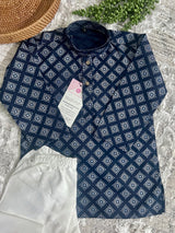 Boys Blue Color Premium Cotton Silk Kurta Pajama Set with Self design Butti - Kaash