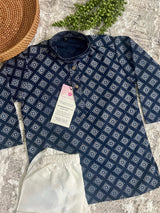 Boys Blue Color Premium Cotton Silk Kurta Pajama Set with Self design Butti - Kaash