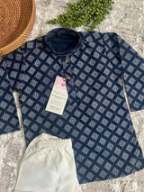 Boys Blue Color Premium Cotton Silk Kurta Pajama Set with Self design Butti | Cotton Kids Kurtas | Boys Kurta Pajama Sets - Kaash