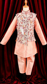 Peach Boys 3pcs Embroidered Jacket 3-piece kurta pajama set for boys with embroidered jacket 3pc set — Kaash Collection