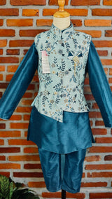 Teal Blue Boys 3pcs Embroidered Jacket 3-piece kurta pajama set for boys with embroidered jacket 3pc set — Kaash Collection