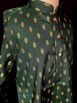 Green Father-Son Cotton 2-piece kurta pajama set for boys with small gold zari buttis — Kaash Collection