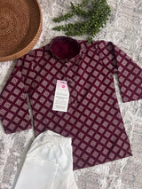 Boys Maroon Color Premium Cotton Silk Kurta Pajama Set - Kaash