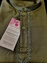 Boys Olive Green Color Premium Cotton Silk Kurta Pajama Set with Embroidery Neckline | Cotton Kids Kurtas | Boys Kurta Pajama Sets - Kaash