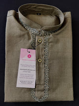 Boys Olive Green Color Premium Cotton Silk Kurta Pajama Set with Embroidery Neckline | Cotton Kids Kurtas | Boys Kurta Pajama Sets - Kaash