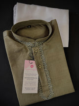 Boys Olive Green Color Premium Cotton Silk Kurta Pajama Set with Embroidery Neckline | Cotton Kids Kurtas | Boys Kurta Pajama Sets - Kaash