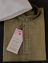 Boys Olive Green Color Premium Cotton Silk Kurta Pajama Set with Embroidery Neckline | Cotton Kids Kurtas | Boys Kurta Pajama Sets - Kaash