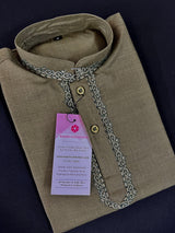 Boys Olive Green Color Premium Cotton Silk Kurta Pajama Set with Embroidery Neckline | Cotton Kids Kurtas | Boys Kurta Pajama Sets - Kaash