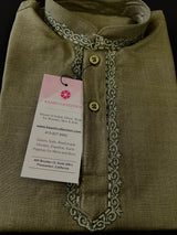 Boys Olive Green Color Premium Cotton Silk Kurta Pajama Set with Embroidery Neckline | Cotton Kids Kurtas | Boys Kurta Pajama Sets - Kaash