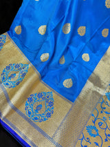 Bright Blue & Royal Blue Katan Satin saree in pure banarasi katan satin silk with tanchoi borders with meenakari pallu — Kaash Collection