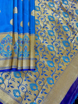 Bright Blue & Royal Blue Katan Satin saree in pure banarasi katan satin silk with tanchoi borders with meenakari pallu — Kaash Collection