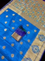 Bright Blue & Royal Blue Katan Satin saree in pure banarasi katan satin silk with tanchoi borders with meenakari pallu — Kaash Collection