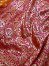 Bright Fanta Orange Traditional Banarasi handloom Saree Silk with Pink Borders and Pallu - Kaash