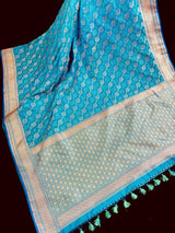 Bright Firozi Color Soft Mashru Silk handloom Saree with Tanchoi and Muted Gold Zari Weave - Kaash