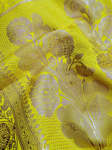 Bright Lemon Yellow Banarasi Mashru Silk Saree, Muted Gold Zari Weave, Small Buttis and Border - Kaash