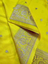 Bright Lemon Yellow Banarasi Mashru Silk Saree, Muted Gold Zari Weave, Small Buttis and Border - Kaash