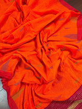 Bright Orange Cotton Silk Kantha saree in cotton silk with kantha & gicha thread work with pink pallu — Kaash Collection