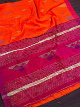 Bright Orange with Pink Border Saree - Handloom Cotton Silk Saree with Kantha and Gicha - Kaash