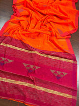 Bright Orange with Pink Border Saree - Handloom Cotton Silk Saree with Kantha and Gicha - Kaash