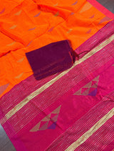 Bright Orange with Pink Border Saree - Handloom Cotton Silk Saree with Kantha and Gicha - Kaash