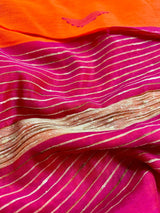 Bright Orange with Pink Border Saree - Handloom Cotton Silk Saree with Kantha and Gicha - Kaash