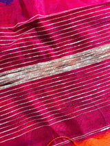 Bright Orange with Pink Border Saree - Handloom Cotton Silk Saree with Kantha and Gicha - Kaash