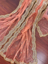 Bright Peach net dupatta with gold zari, sequin & beadwork — Kaash Collection