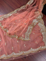 Bright Peach net dupatta with gold zari, sequin & beadwork — Kaash Collection