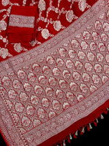 Bright Red Pure Banarasi Khaddi Georgette Silk Saree with Sliver Zari Weave | SILK MARK CERTIFIED - Kaash
