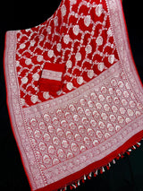 Bright Red Pure Banarasi Khaddi Georgette Silk Saree with Sliver Zari Weave | SILK MARK CERTIFIED - Kaash